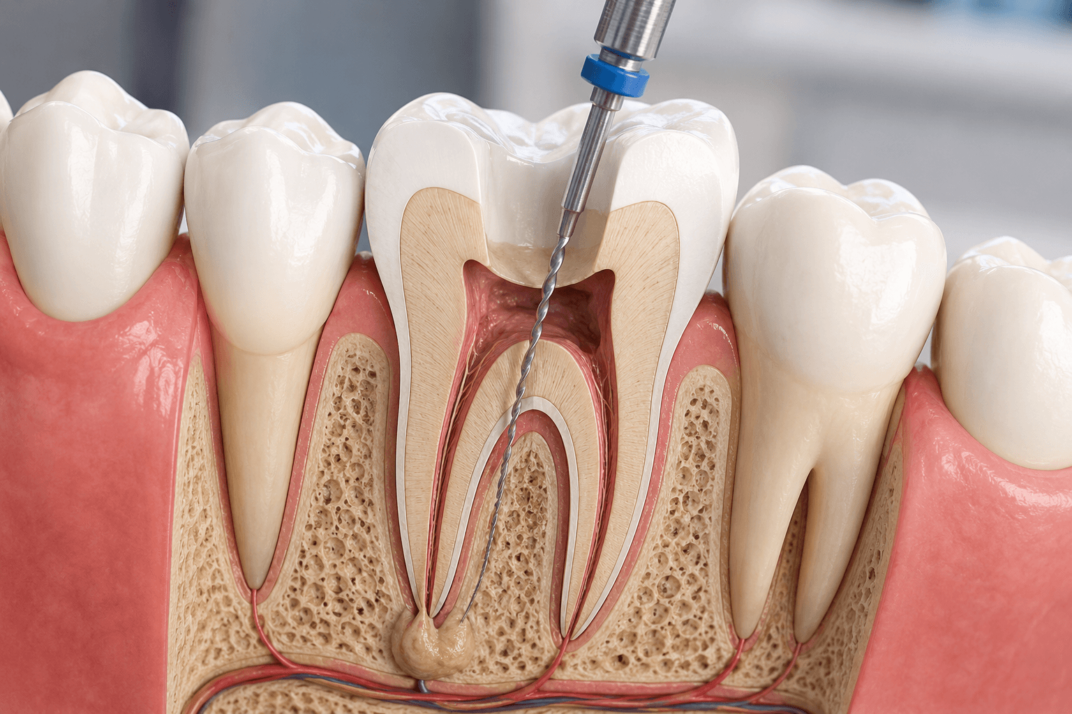 Ilustración clínica de un tratamiento de endodoncia