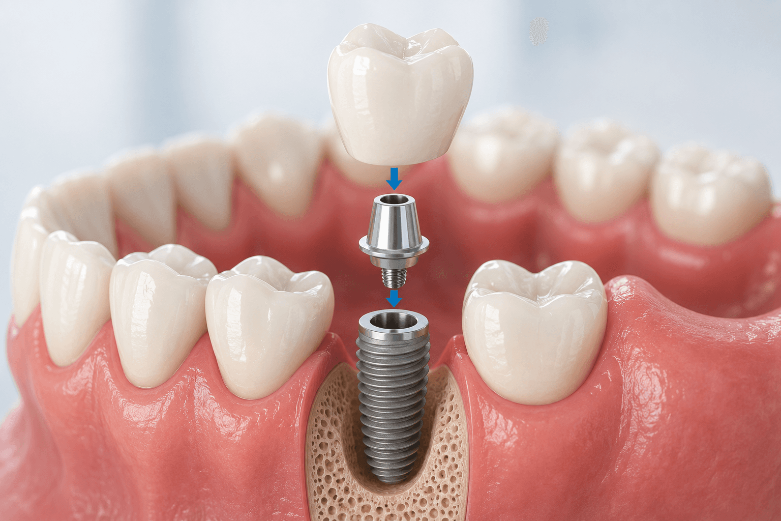 Ilustración clínica de un implante dental con corona